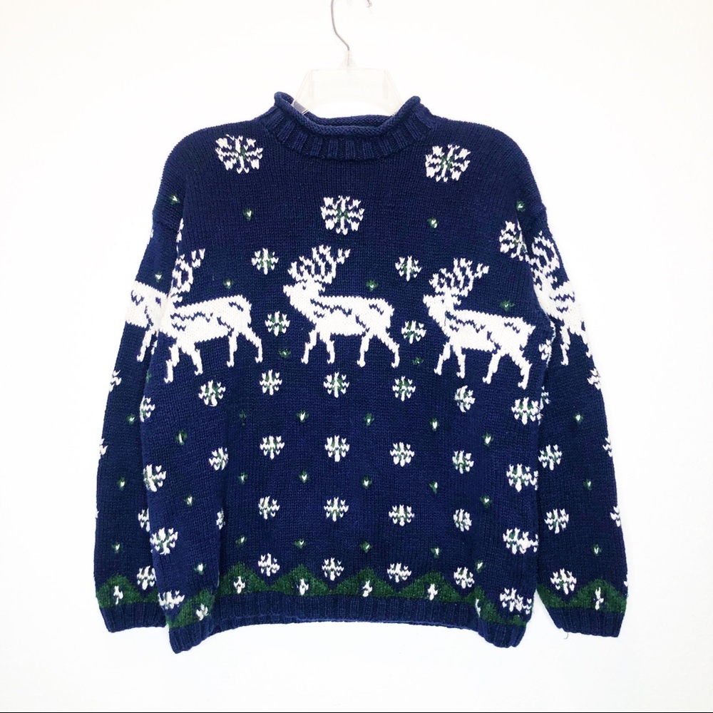 HAND KNIT Deer Elk Mock Neck Knit Ramie Sweater